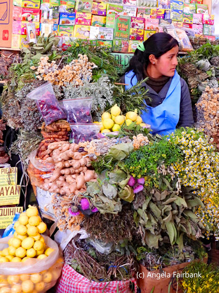 vegetable and herb seller in market