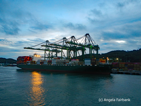 cranes and container ship at dusk