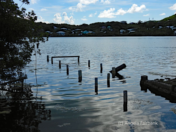 sky reflected in water with poles