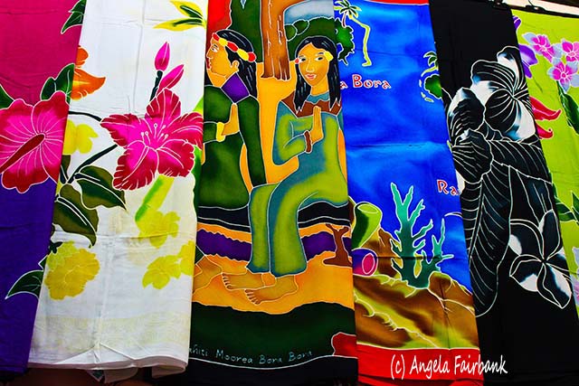 Pareos at Papeete market, Tahiti, French Polynesia, copyright Angela Fairbank